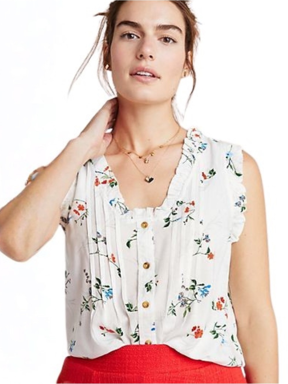 Anthropologie Maeve Floral Ruffle Pintuck Blouse Size 4 Small